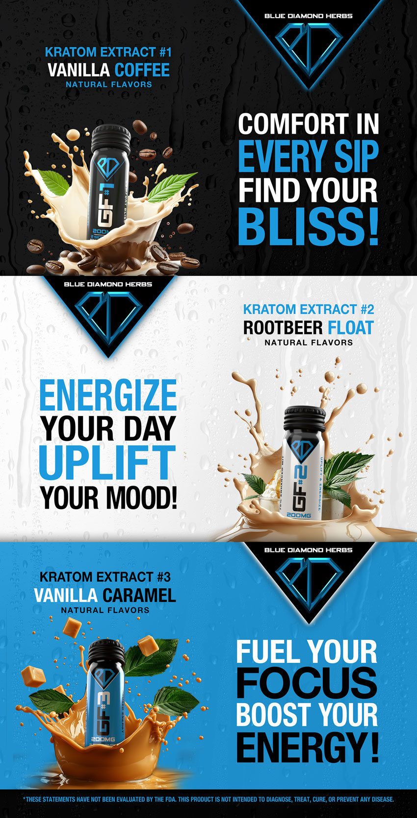 Blue Diamond HerbsStatic Cling for RetailersDesign, 3D Rendering, Copywriting