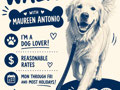 PROMPT: Make a two-color dog walking flyer that uses my name, Maureen Antonio, location: Santa Monica CA and says Reasonable Rates, Mon through Fri and most holidays. Also that I'm a dog lover. Make it fun and feature an image of a Golden Retriever